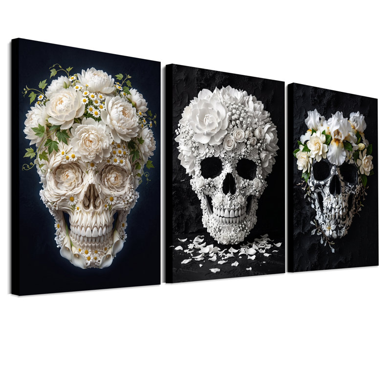 Ensemble de 3 toiles murales pour l'Halloween, motif de crâne floral blanc sur fond sombre, 36"H x 24"W x 3pcs