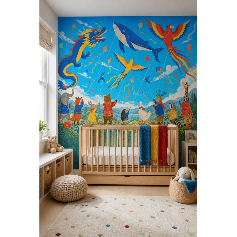 Papier peint animaux fantaisistes avec cerf-volant, 100 po x 96 po, Texturé non collé