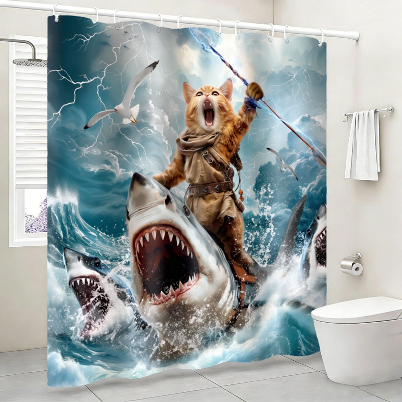 Fantasy Cat Riding Shark Bath Curtain 72" x 72" with Hooks