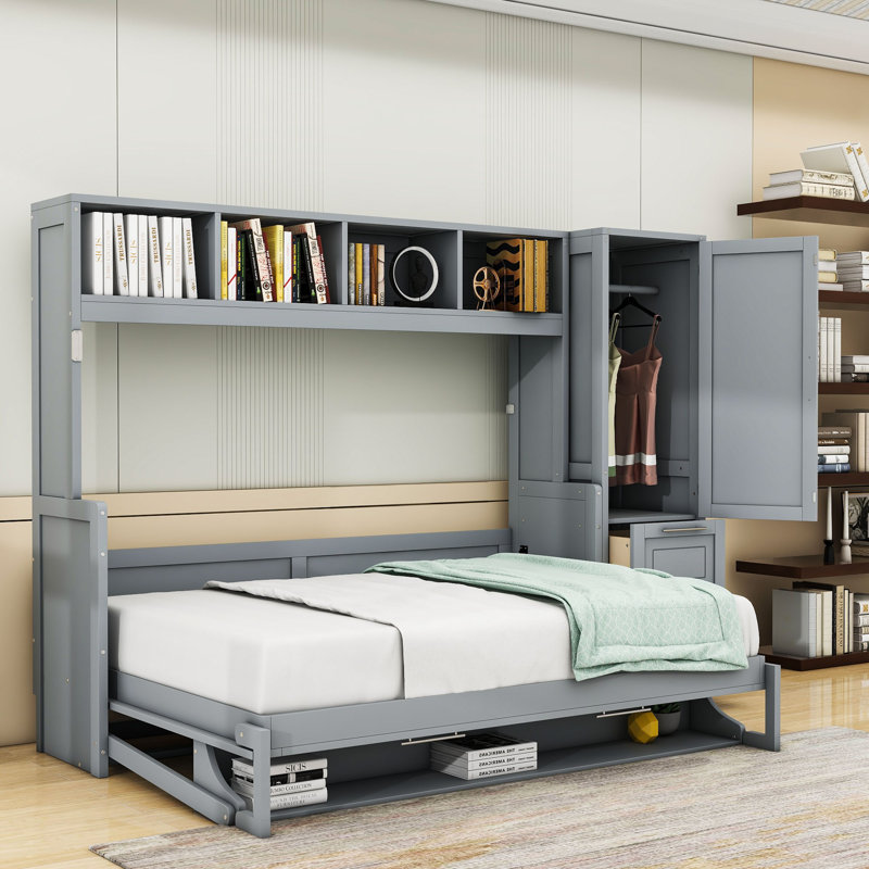 Wood Murphy Bed with Shelves, Closet and Drawers, Full / Double, Grey