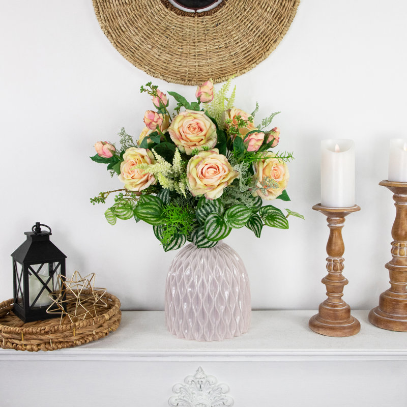 Cream and Pink Real Touch Artificial Rose Stems Set of 6