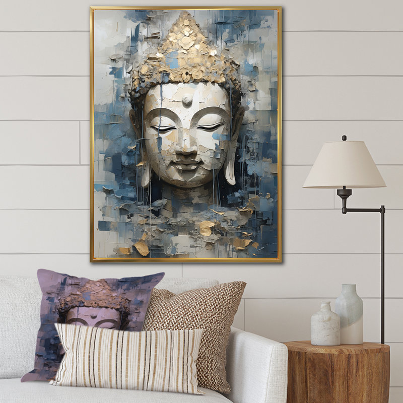 Statue religieuse du bouddhisme royal sur toile, Cadre flottant doré, H 32 po x l 16 po
