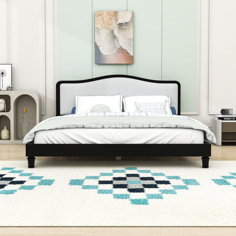 Lit plateforme avec tête de lit tapissier en tissu, Queen, Black/White
