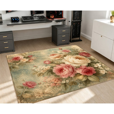 Tapis de style rétro avec motif floral rose, design artistique, décoration intérieure, salon, chambre à coucher, entrée, porte d'entrée, cuisine, balcon, appartement