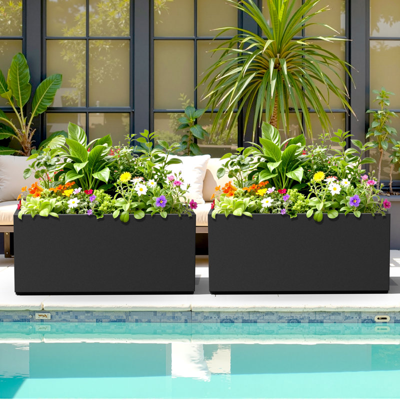 Large Rectangular Planter - Metal Rectangular Planter Box with Drainage Holes for Indoor and Outdoor Use, Black