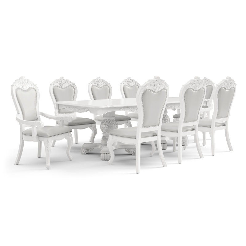 Roslindale Dining Table Set, 9 Pieces: Table, 8 Chairs, White, Beige