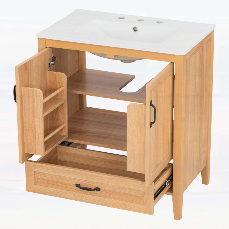 Farmhouse Bathroom Vanity with Ceramic Sink,Soft-Close Doors and Drawer,Adjustable Shelf