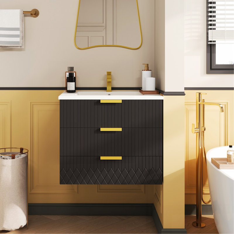 Armoire murale suspendue 24 po avec tiroir double, petit lavabo de salle de bain rectangulaire flottant avec trou de robinet simple et trop-plein, armoire de salle de bain moderne avec lavabo en céramique