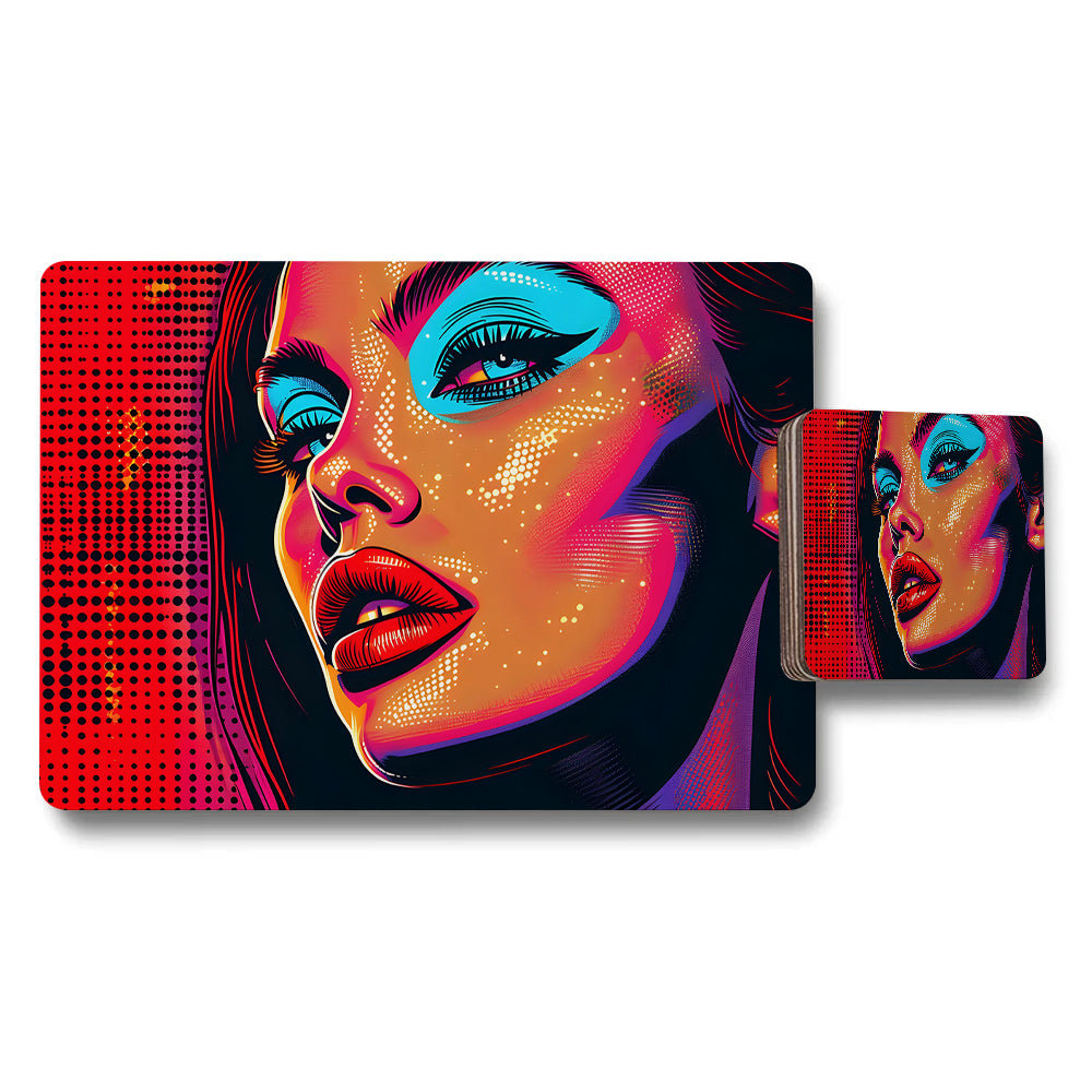Pop Art Portrait Placemat and Coaster Set Colorful Woman Artwork