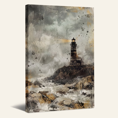 Gris et or, phare sur une côte rocheuse orageuse, art mural sur toile d'Halloween
