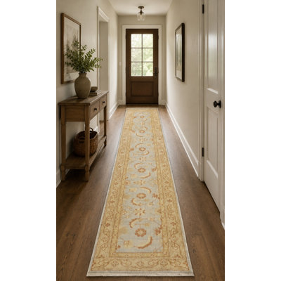 Tapis de couloir oriental bleu clair Oushak Chobi