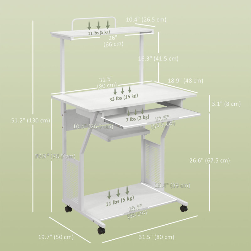 32" Computer Desk Mobile Home Office Desk with Keyboard Tray Shelf, White