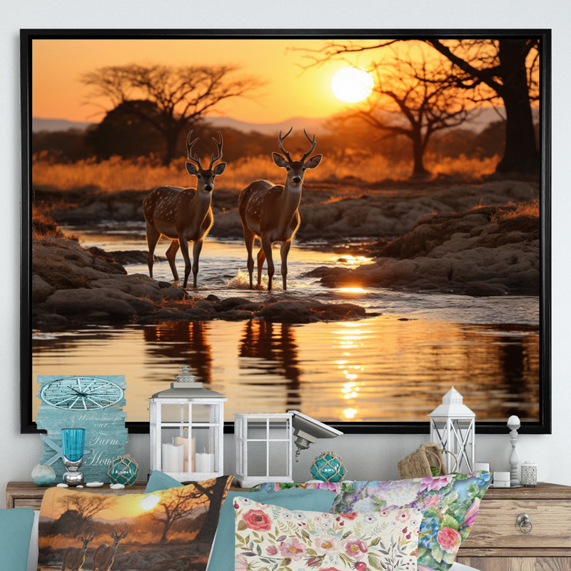 Cerf africain sur toile, H 24 po x l 32 po, Cadre flottant noir