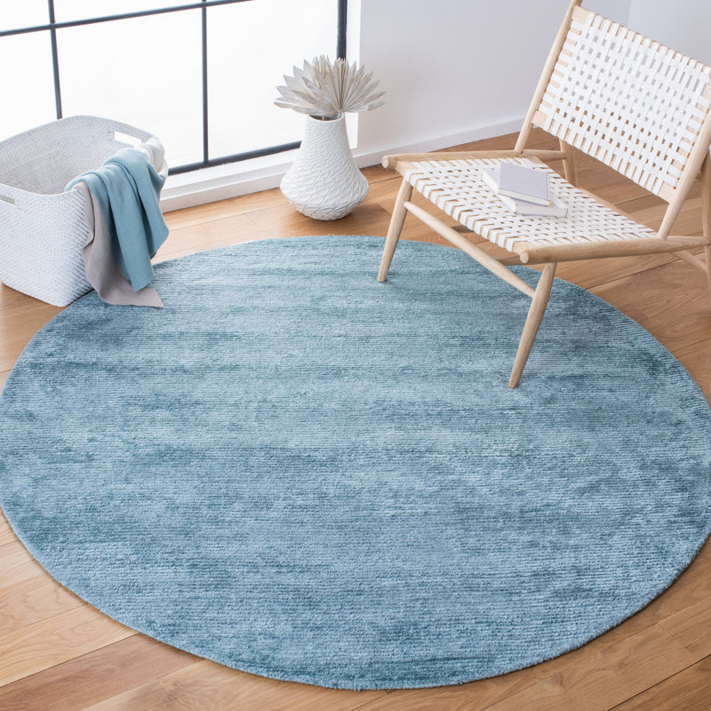 Tapis bleu uni en viscose / laine touffeté à la main Himalaya, Rond 6 pi