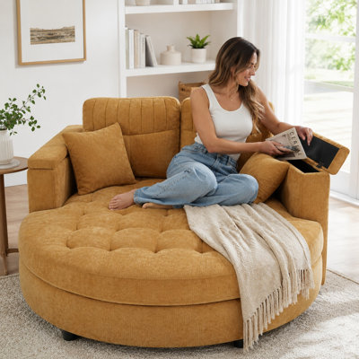 Callery Curved Chaise Lounge Sofa with Tufted Seat and Storage Armrests