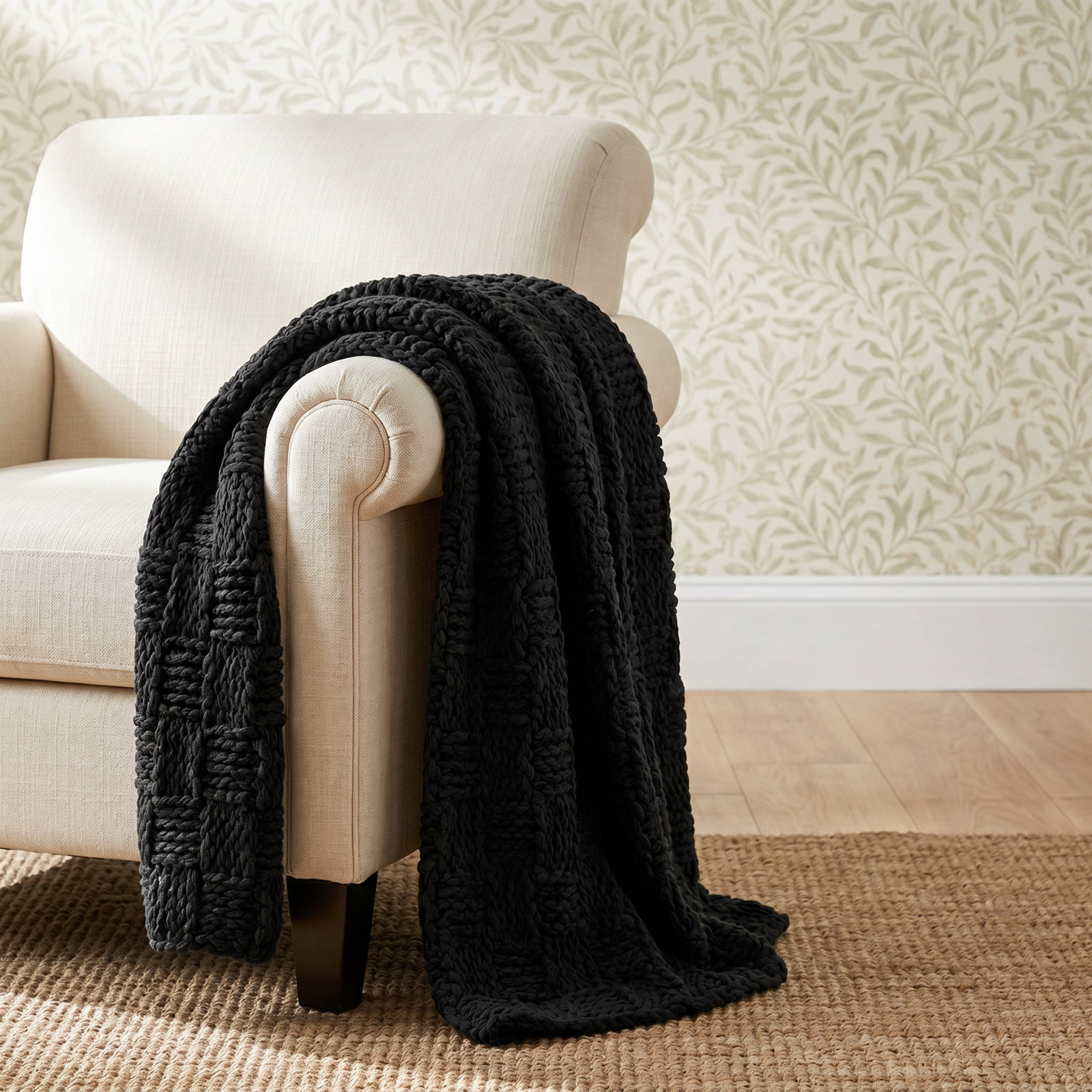 Chess Hand Knitted Solid Textured Chess Pattern Soft Throw Blanket, Black, 60" L x 50" W