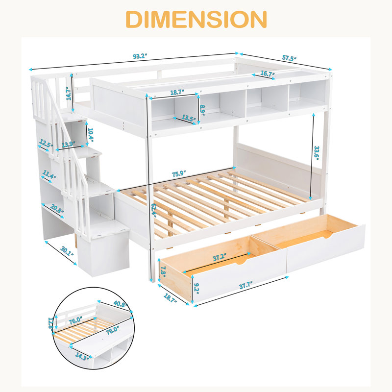 Lit superposé simple au-dessus de double avec tablettes, escalier de rangement et 2 tiroirs, Blanc