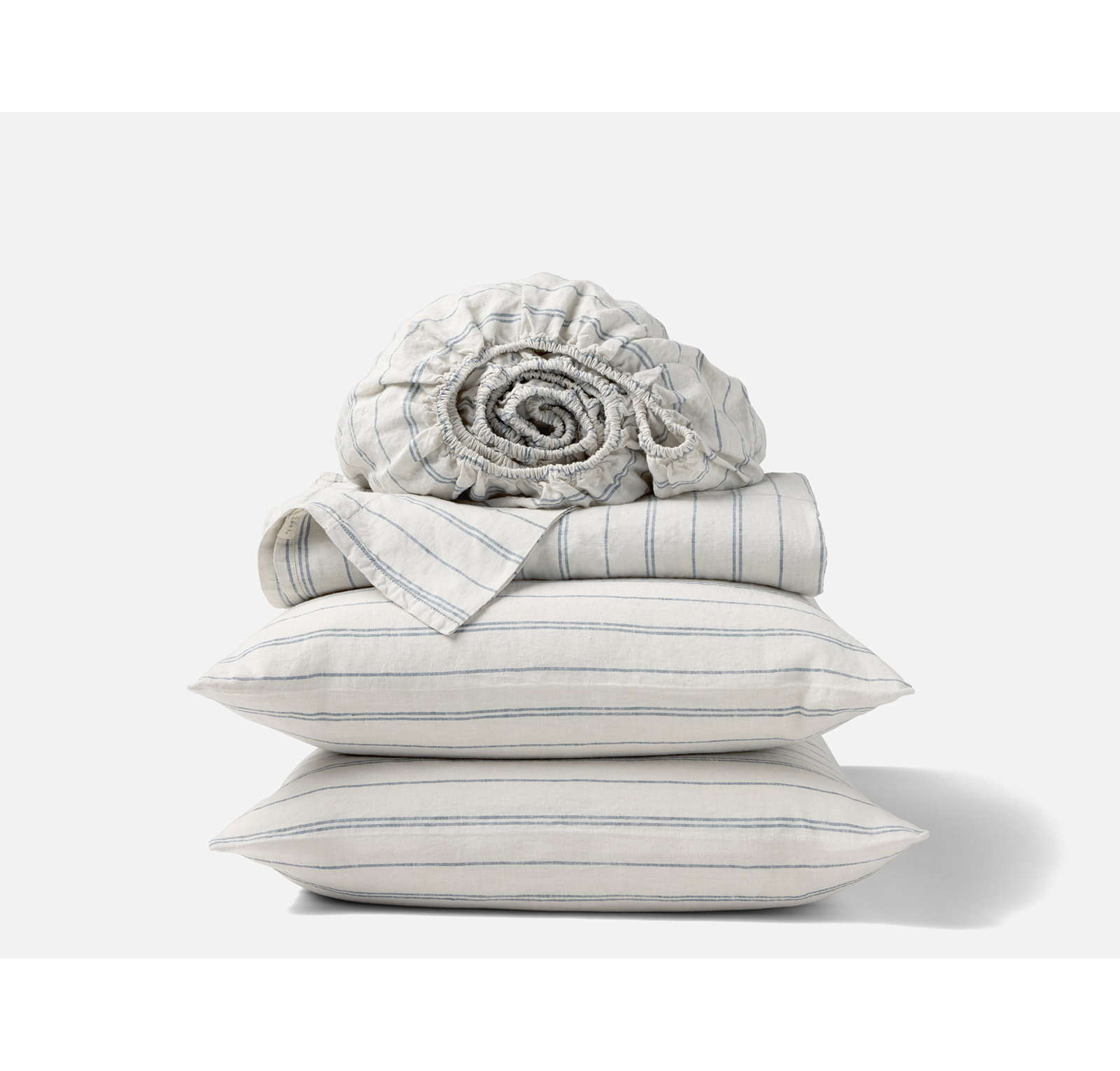 Organic Relaxed Linen Belgian Flax Linen Standard Sheet Set, King Sheet Set with 2 Pillowcases, Fog Chambray Indigo Stripe
