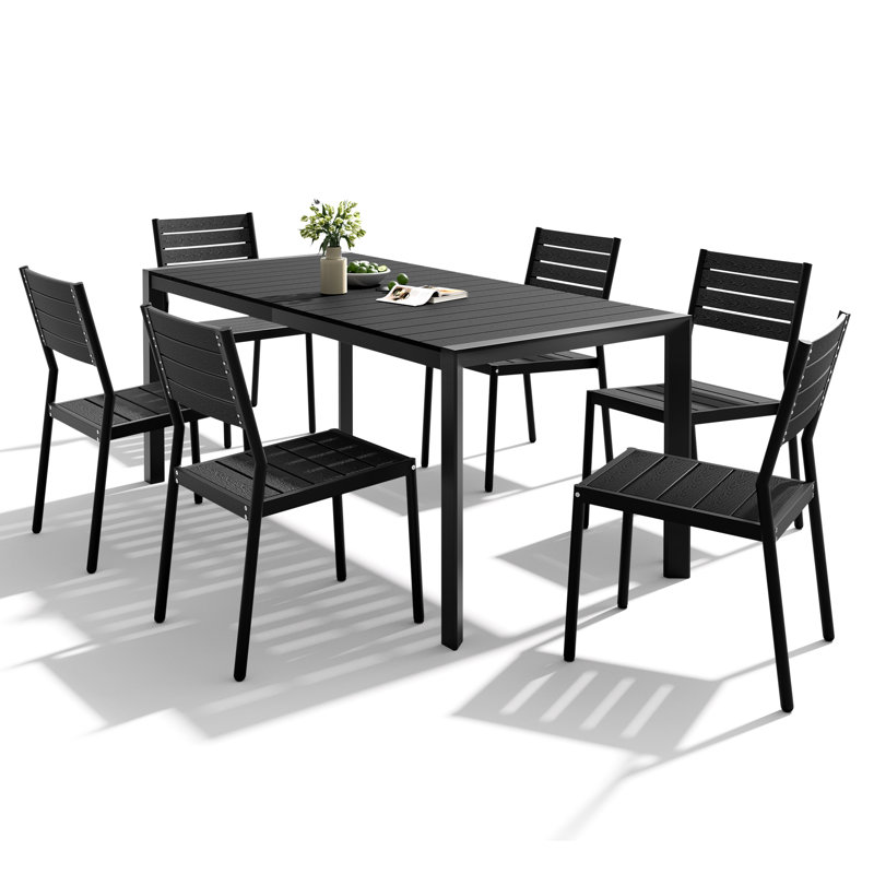 6 - Person 71.5'' W' X 33'' D Aluminum Patio Dining Set With Umbrella Hole And Stackable Chairs, Black