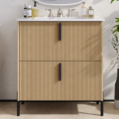 Meuble-lavabo de 30 po avec lavabo en céramique et tiroirs pleine extension, glissières de tiroir à fermeture en douceur, conception cannelée