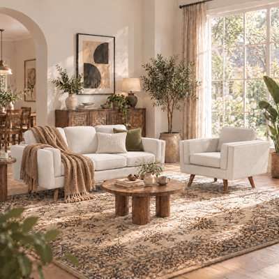 Mid-Century Modern 2-Piece Living Room Sofa Set, Includes  3-Seater Couch & Armchair, Tapered Wood Legs