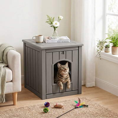Maison pour animaux 3 en 1 en résine : compartiment pour bac à litière dissimulé avec table d'appoint