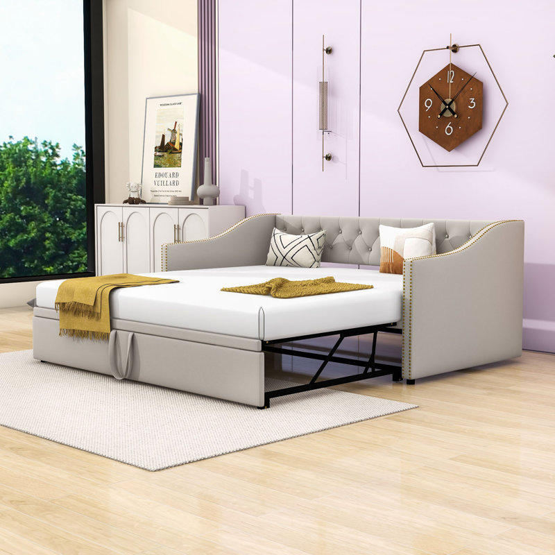 Lit de jour simple en velours rembourré avec couchette escamotable, avec dossier doux, Gris
