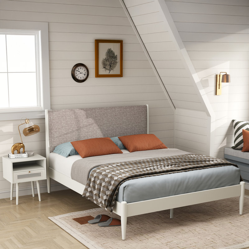  Ensemble de chambre à coucher 2 pièces Feeney, lit plateforme avec table de chevet, blanc crème, grand