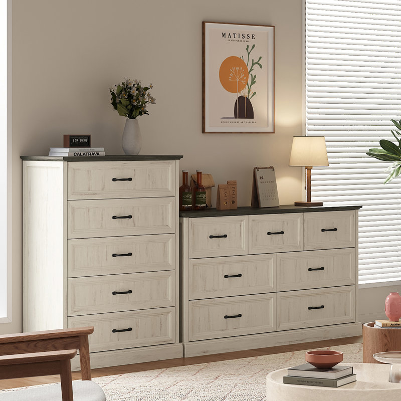 Hallah 3 Pieces Bedroom Set,7 Dresser Chest and 5 Dresser Chest with Storage Cabinet, Gray/White