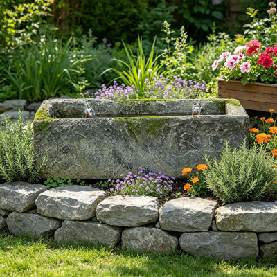 Extra Large Rustic Rectangular Faux Stone Trough Water Fountain Outdoor Bubbler Fountains Water Feature with Solid Copper Tubing & Hidden Pump, Unlit Farmhouse Patio Yard