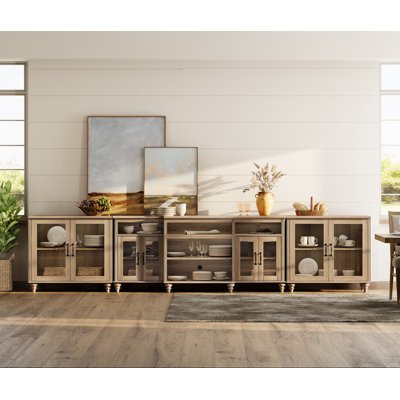 Scarlett Farmhouse TV Stand For TV, Home Entertainment Center For 90 Inch TV, Entertainment Center With Storage Cabinet, Large TV Console With 4 Glass Doors, Oak