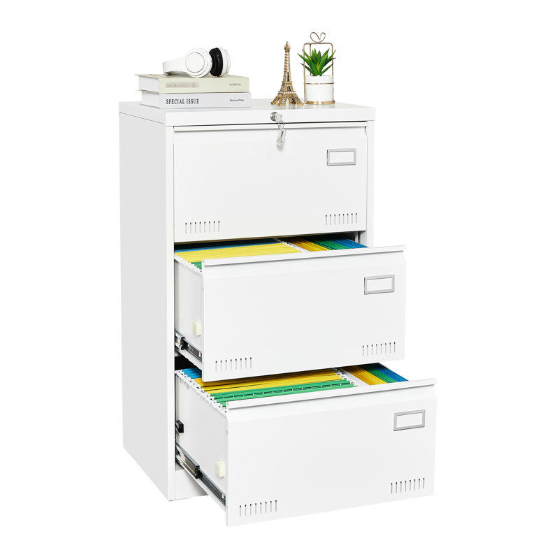 3 Drawer Widened Metal Filing Cabinet In White, Lock For Secure Office File Organization And Storage White Locking Cabinet, Drawer, Drawers Efficient Safe Handling