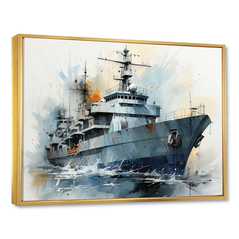 Marine armée, bateau, frégate II - Art mural militaire, Cadre flottant doré, H 34 po x l 44 po x P 1,5 po