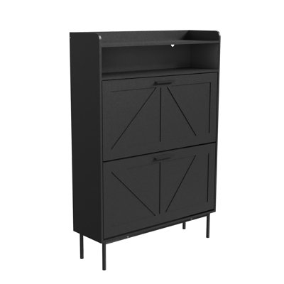 Meuble à chaussures étroit de style campagnard avec 2 tiroirs basculants, rangement ouvert, porte de grange et pieds en métal pour entrée, couloir ou hall d'entrée