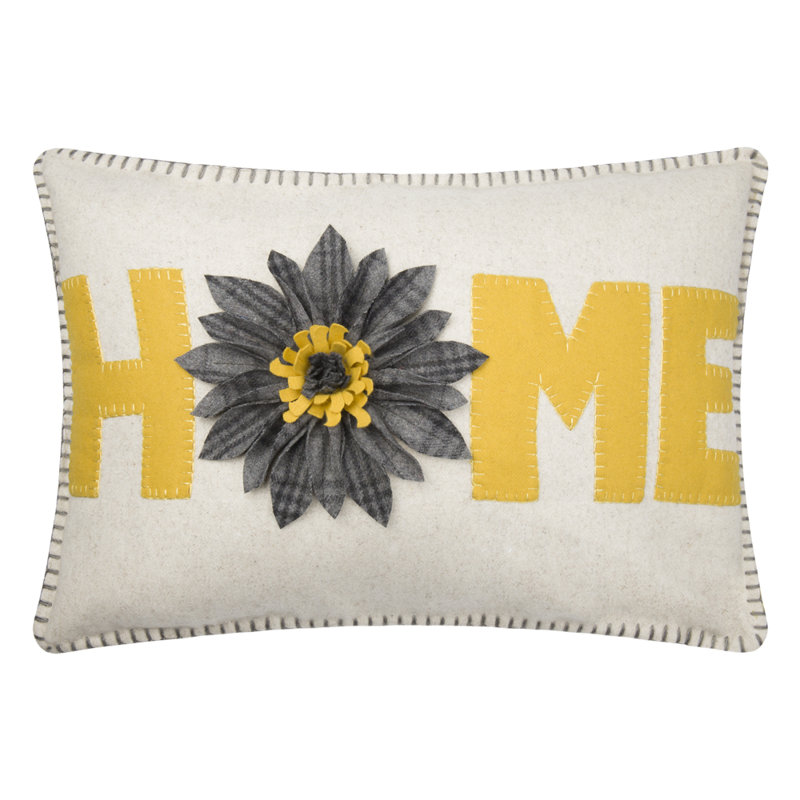 Housse de coussin décoratif fait à la main à motif floral 3D, 12 po x 20 po, Carreauté jaune et gris - lin