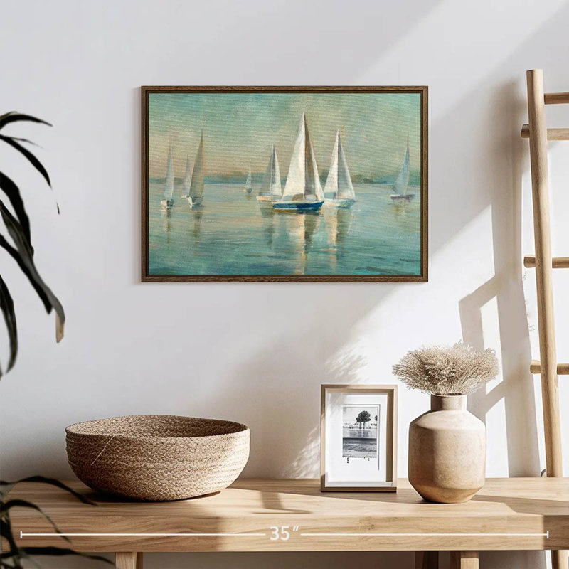 Voiliers au lever du soleil, 19 po x 13 po, Cadre flottant en noyer