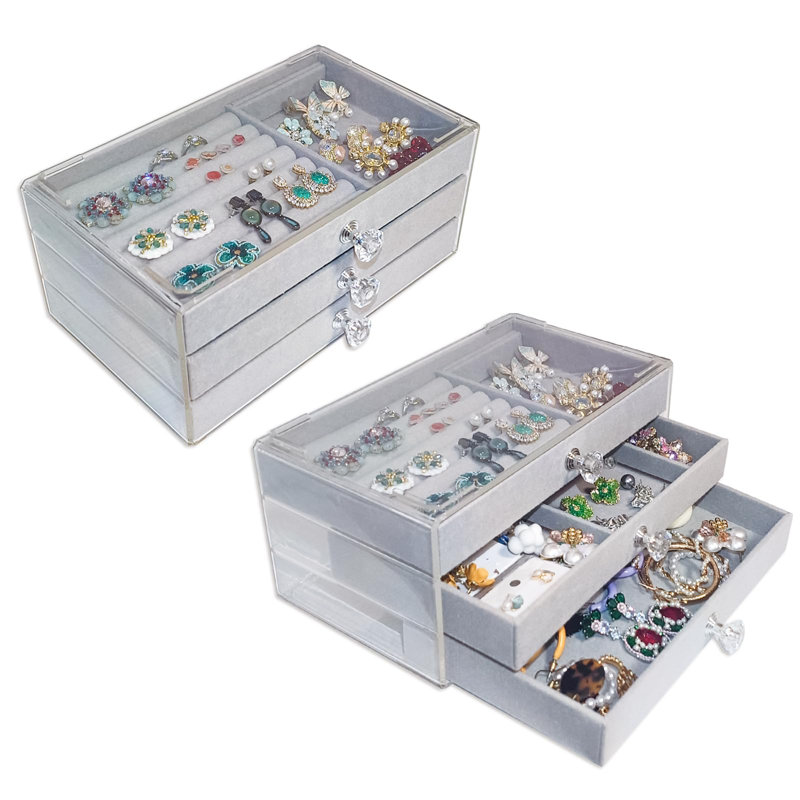 Stackable Clear Acrylic Velvet Jewellery Storage Box With 3 Drawers, Grey