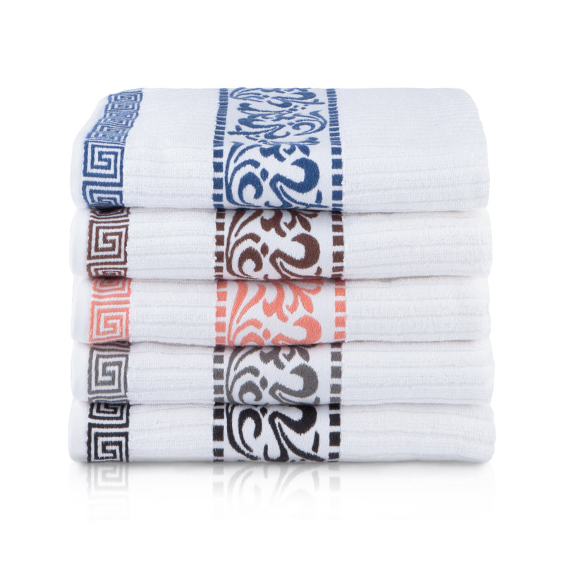 Mikira Athens Cotton Medium Weight Floral Border Greek Key Trim Bath Towel (Set of 4), White/Black