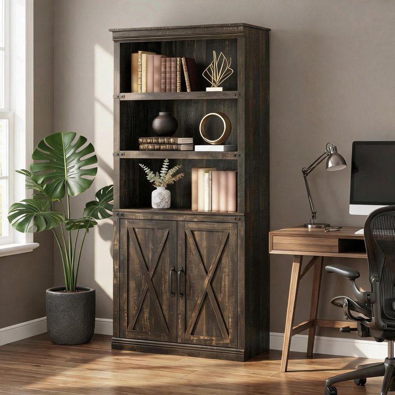 Duanna 5 Tier Bookcase with Cabinet, Farmhouse BookShelf with Storage Doors, for Home Office, Living Room, Brown