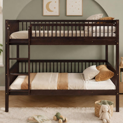 Twin Over Twin Pine Wood Bunk Bed, Convertible into 2 Twin Beds, with Ladder, Guardrails, and Slat Support
