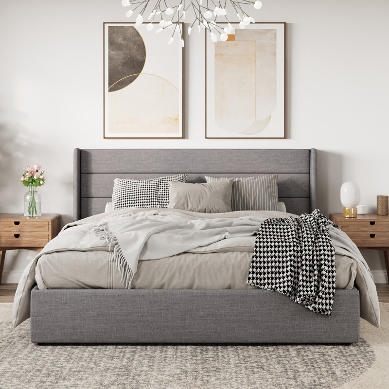 Braya Hydraulic Lift Up Storage Upholstered Platform Bed, King, Dark Gray Linen