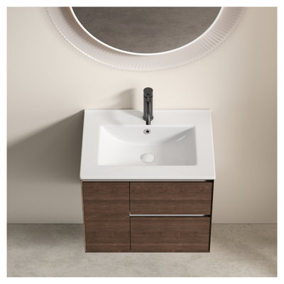 Lavabo de salle de bain moderne de 24 pouces - comptoir en céramique avec trou de robinet pré-percé, lavabo de comptoir blanc brillant résistant aux taches pour la rénovation de la salle de bain