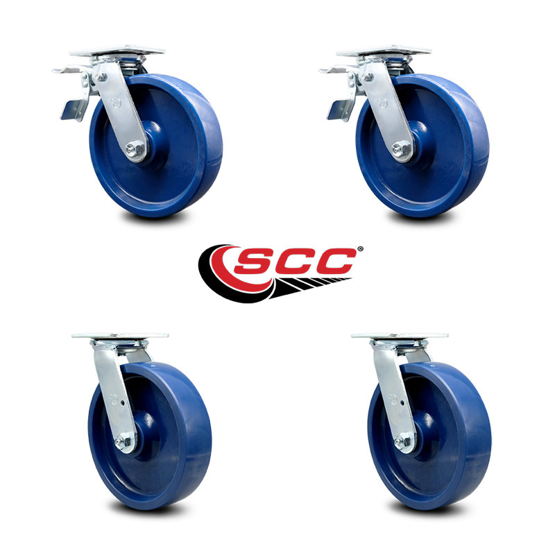 8 Inch Solid Polyurethane Caster Set with Roller Bearing 2 Total Lock Brake SCC