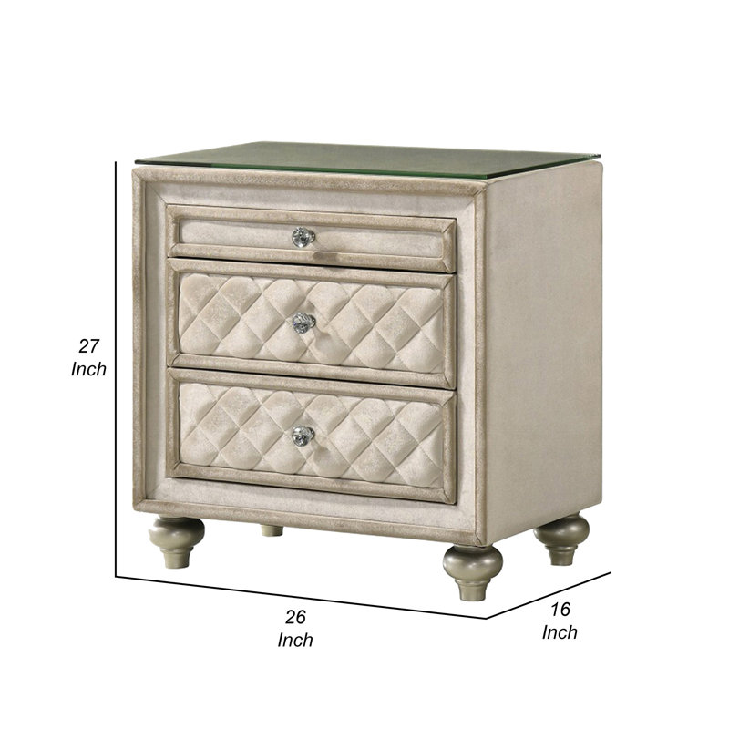 Table de chevet Willa, 2 tiroirs, plateau coulissant, bois 27 po, velours beige