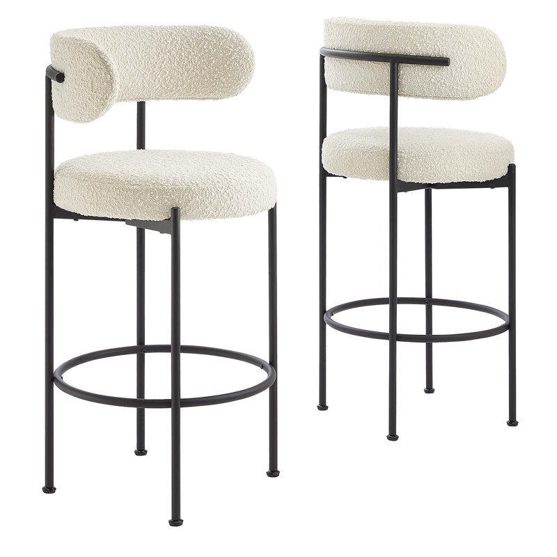 Ivory Boucle Fabric and Black Metal Adjustable Bar Stools, Set of 2
