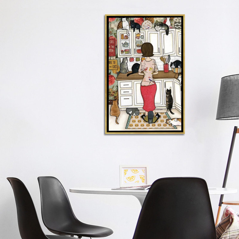 « Feed the Cats » par Jamie Morath-impression, H 40 po x l 26 po x P 1,5 po, Toile encadrée d'or, Pas de tapis