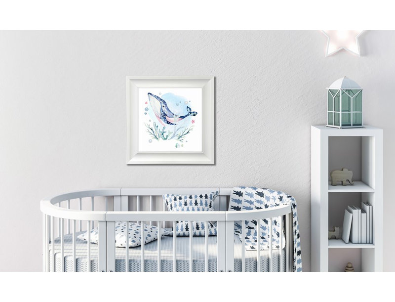 Baleine, art mural, Cadre d'angle fermé blanc, H 17,5 po x l 17,5 po