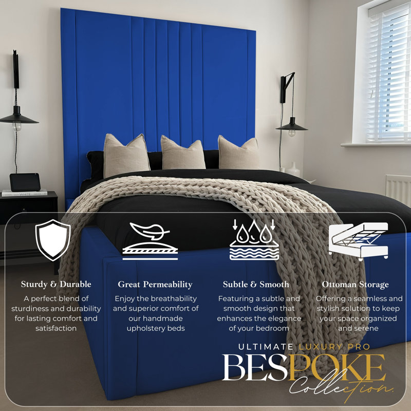 Ottoman Upholstered Bed - Dreamcape Plush Velvet Gas Lift Storage with Headboard, Blue, Double (4'6)