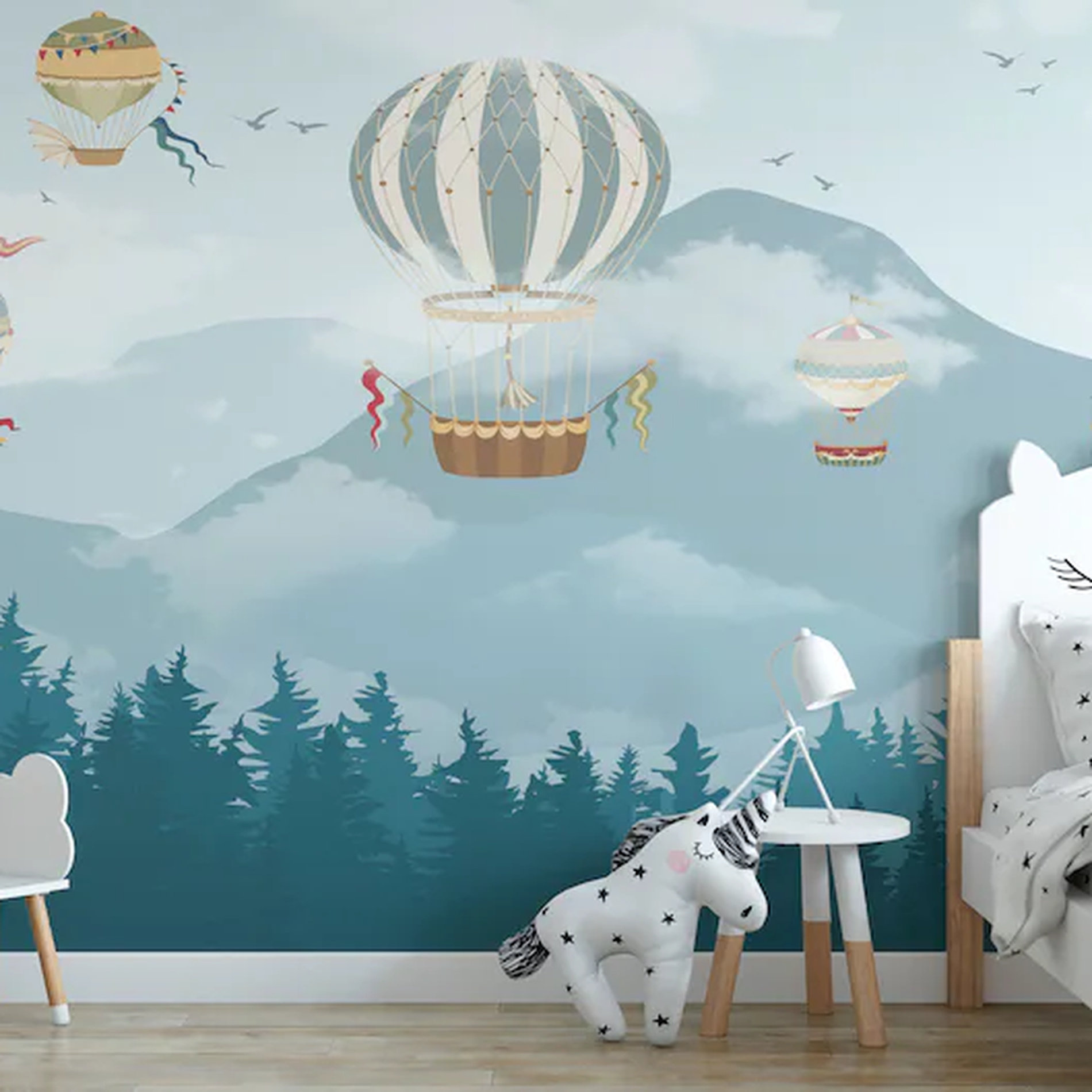 Red Barrel Studio® Kids Hot Air Balloon Mountain Forest Wall Mural Blue ...