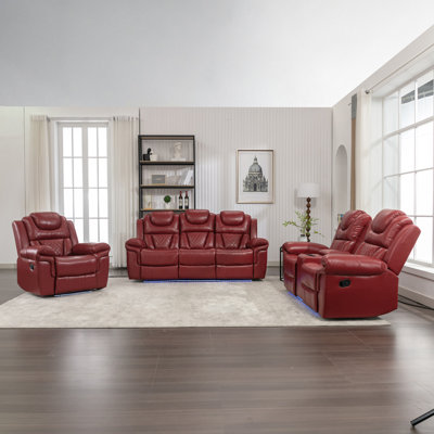 Ensemble de canapés inclinables 3 pièces, sièges de cinéma maison, fauteuil inclinable manuel avec console centrale et bande lumineuse à DEL pour le salon